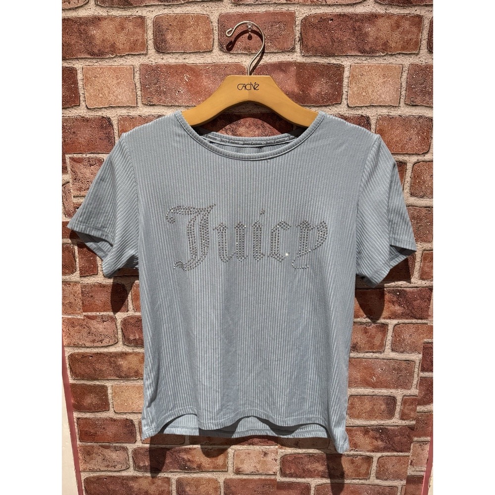 Juicy Couture Y2K T Shirt Women's Size L Pastel Blue Bedazzle Round Neck Casual‎